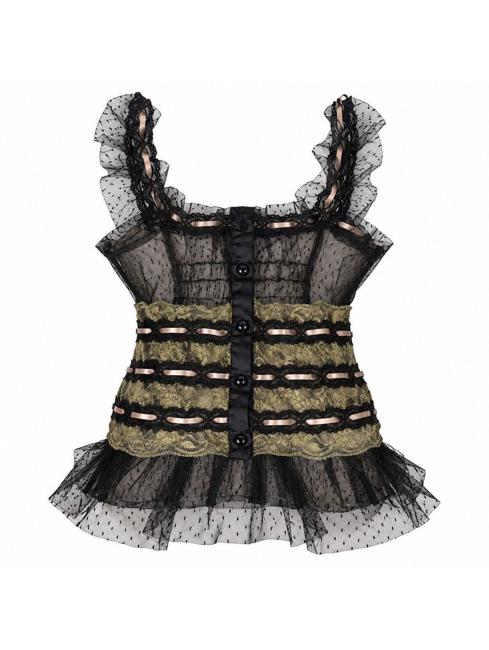 Daytrip Sheer Rococo Frilly Black Polka Dot Mesh Ruffle Lace-Up Top Size Small
